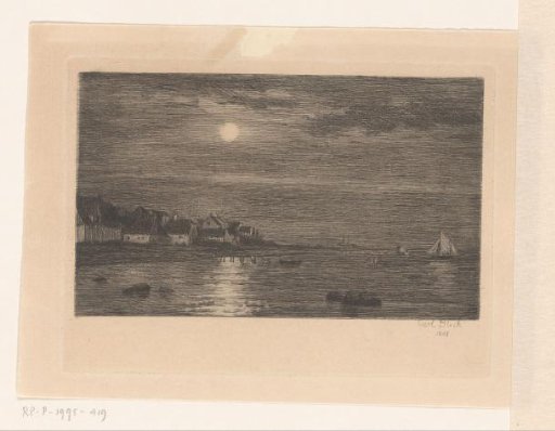 Village by the water, by moonlight