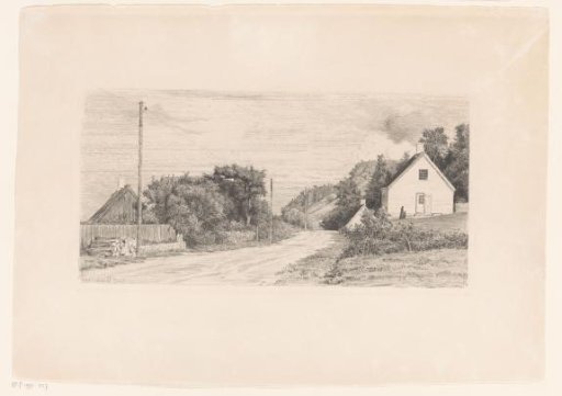 Country road with telegraph poles and a white house