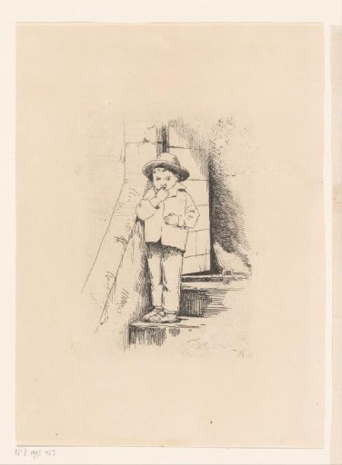 Boy on stone steps in front of a house