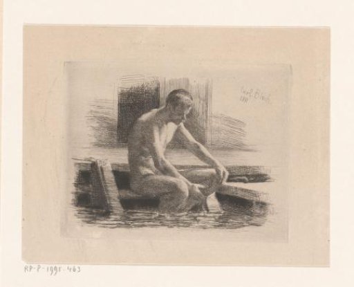 Nude man sitting on a step by the water