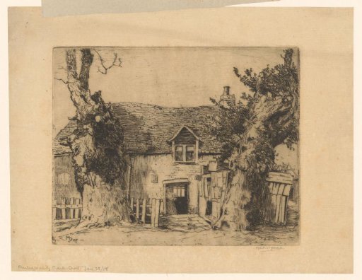 Farmhouse near two large trees