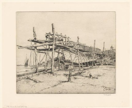 Wooden construction of a boat on the beach at Rye