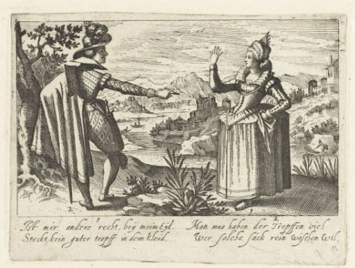 Landscape with a man and woman speaking a moralizing text