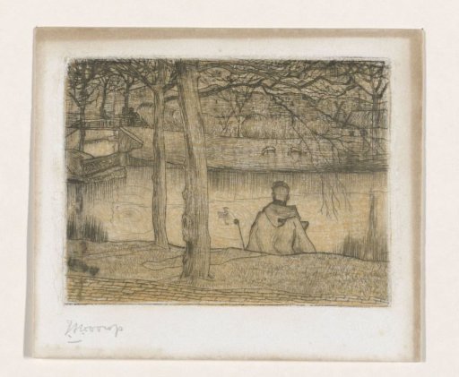 Landscape with a draftsman at the water, seen from behind