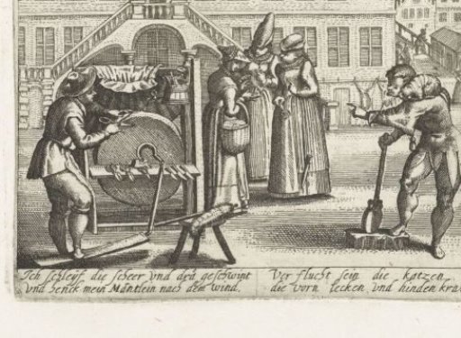 Knife grinder and man with a cat on his shoulder looking at a group of women