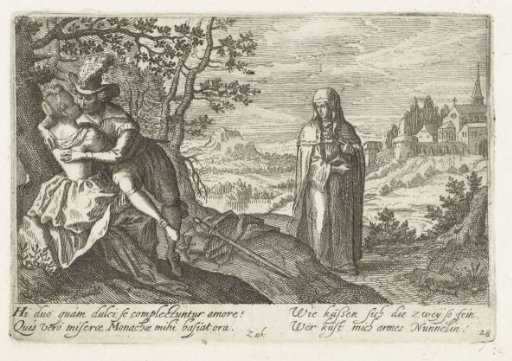 Loving couple being watched by a nun