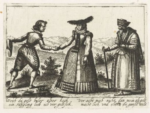 A woman courted by a young and an old man
