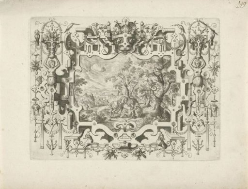 Ornamental Frame with Scrollwork and Figures, Containing a Landscape with the Good Samaritan