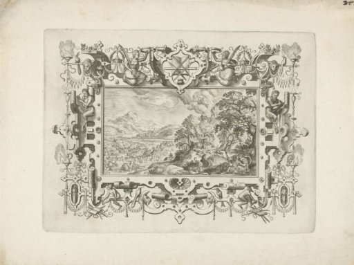 Ornamental Frame with Scrollwork and Figures, Containing a Landscape with Venus and Adonis