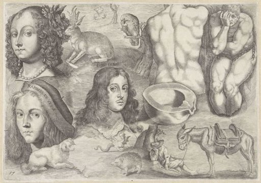Study sheet with drawing examples: heads, animals, figures