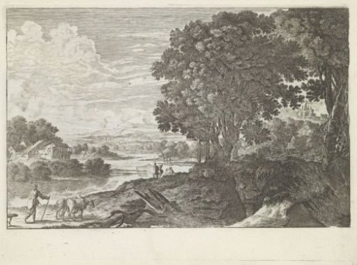 River landscape with two cows and a shepherd