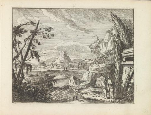 Landscape with mountains and ruined buildings