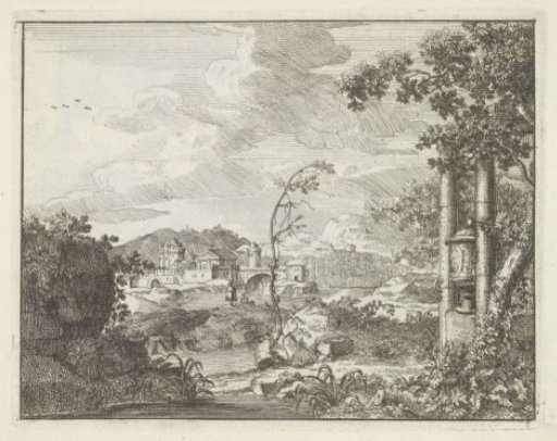 River landscape with hills and a city
