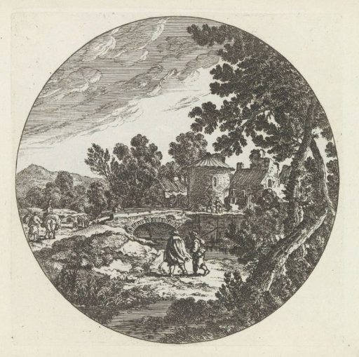 Landscape with a stone bridge and figures at a village