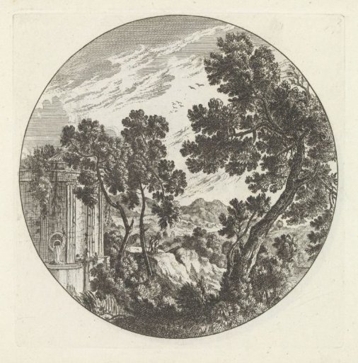 Mountainous landscape with trees and a spring