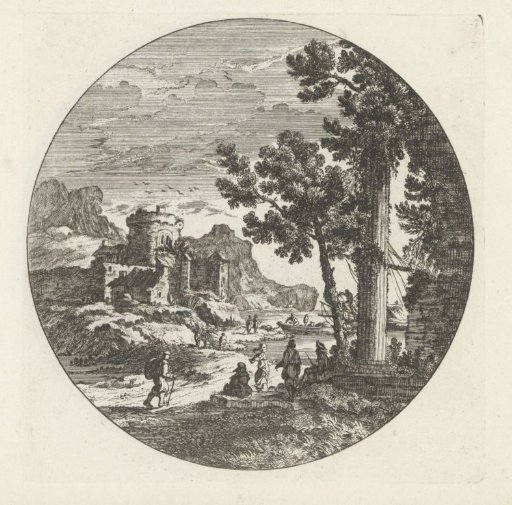 Landscape with figures at a harbor