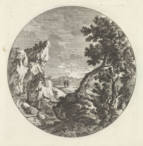 Mountainous landscape with travelers on the road