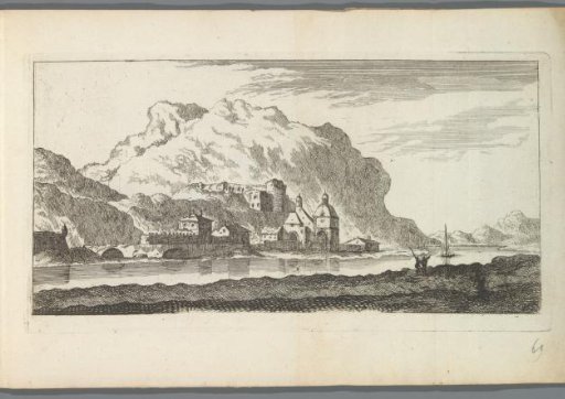 Mountainous landscape with buildings on a river