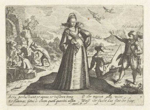 Landscape with a woman standing between four men who have no eyes for her