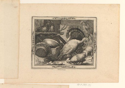 Two Turkeys and Three Chickens among Wicker Baskets