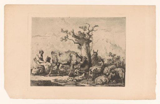 Landscape with a herd of cattle around a tree and a man and woman embracing