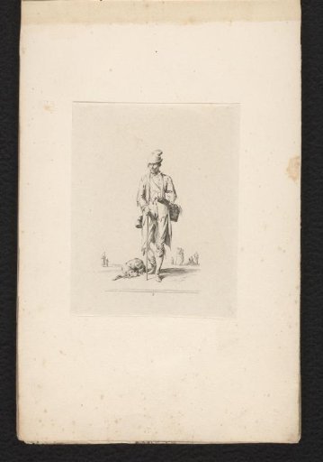 Beggar with walking stick and dog