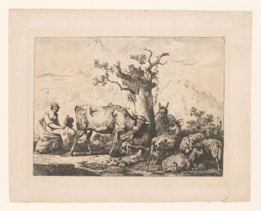 Landscape with a herd of cattle around a tree and a man and woman embracing