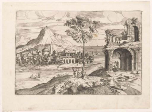 Landscape with an ancient ruin by a river with a settlement