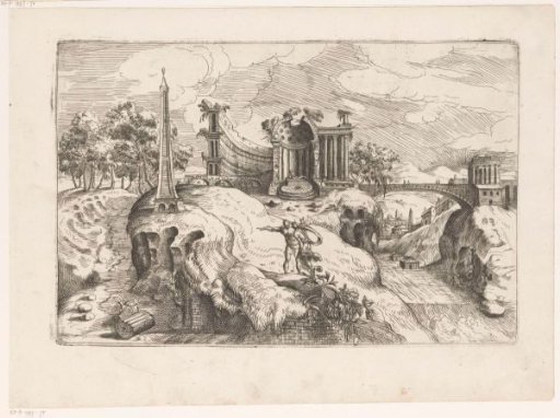 Landscape with an ancient temple ruin and an obelisk