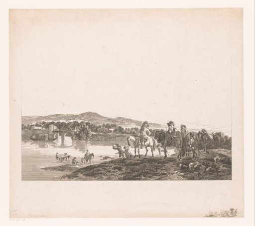 River landscape with hunters