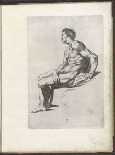Drawing example of a seated male nude to the left
