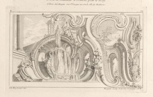 View of a fountain against a background of rocailles and architecture