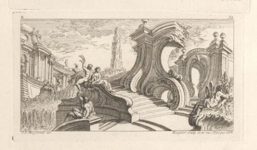 Ornament with architecture with rocaille elements and figures