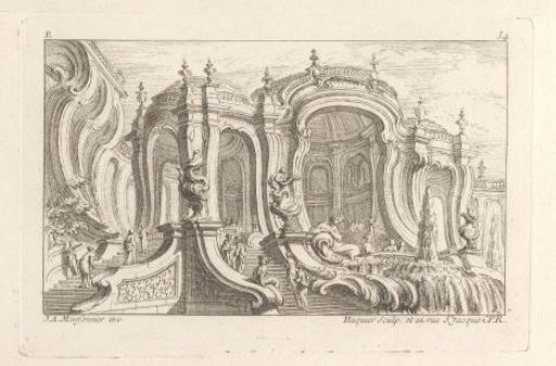 Rococo palace with fountain, waterfall and stairs