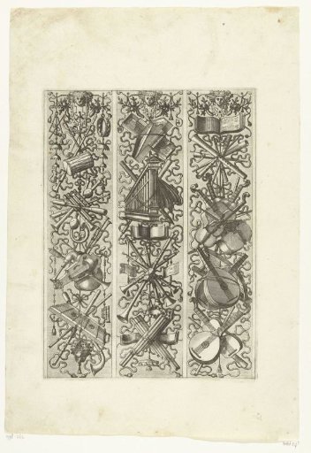 Three vertical trophies with musical instruments