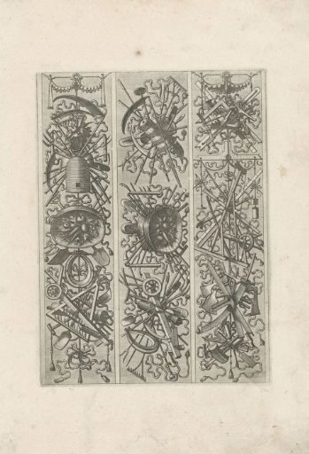 Three vertical trophies with agricultural and building tools