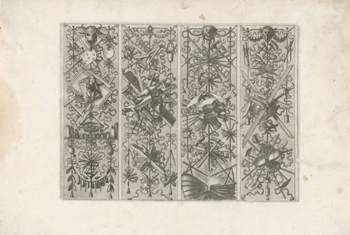 Four trophies with painters' and woodcarvers' tools and tools of the blacksmith and mason