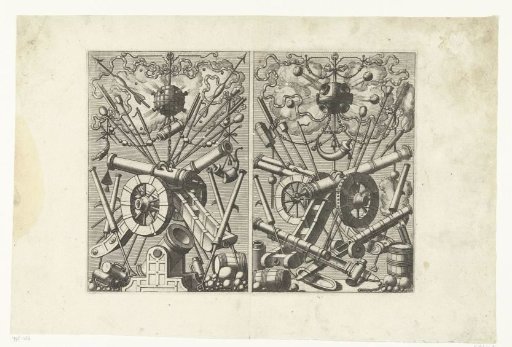 Two vertical trophies with cannons and bombs