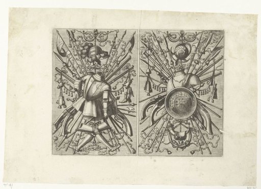 Two vertical trophies with armor, spears, and shields