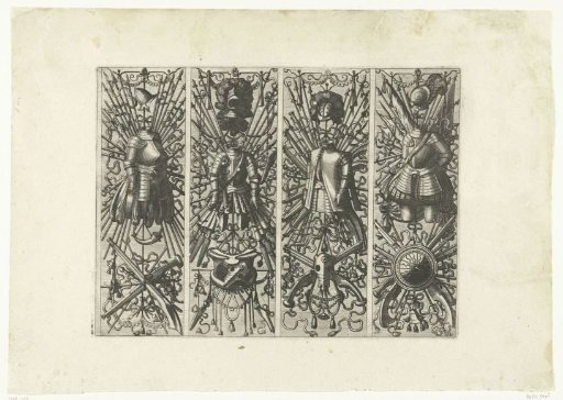 Four vertical trophies with armor and weapons