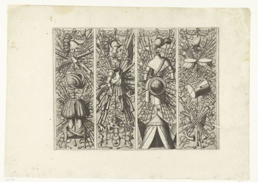 Four vertical trophies with armor and weapons