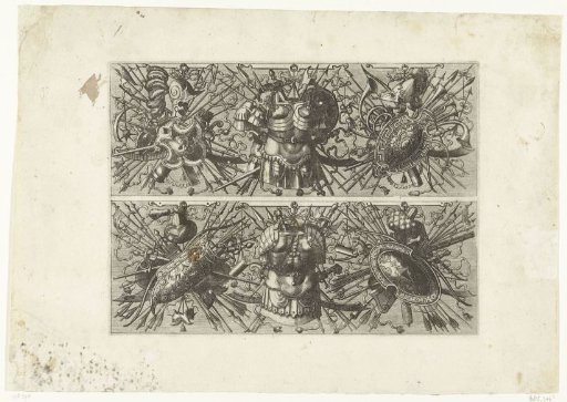 Two horizontal trophies with armor and weapons