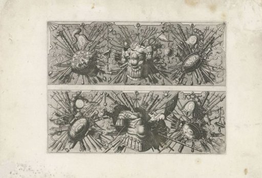 Two horizontal trophies with armor and weapons