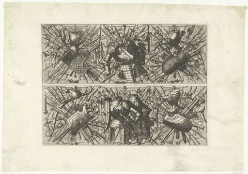 Two horizontal compartments with trophies of weapons