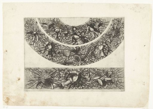 Two half-circles with trophies of weapons and armor above a horizontal trophy with weapons and musical instruments