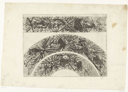 Two half-circles with trophies of weapons and musical instruments below a horizontal trophy with weapons and armor