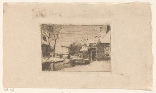 Farmhouse by a ditch with a drawbridge in the snow