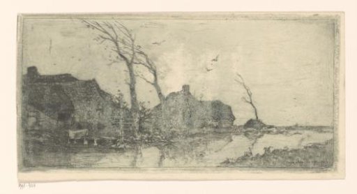 Farmhouse by a Ditch, Trees Leaning in the Wind