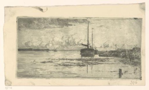 Two Sailing Ships on a Riverbank