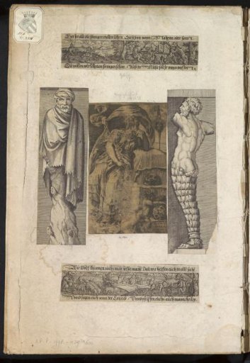Album page with five prints of fables, a woman with a banner, and male herms